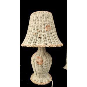 Vintage Wicker Table Lamp With Hand-Painted Floral Details & Shade